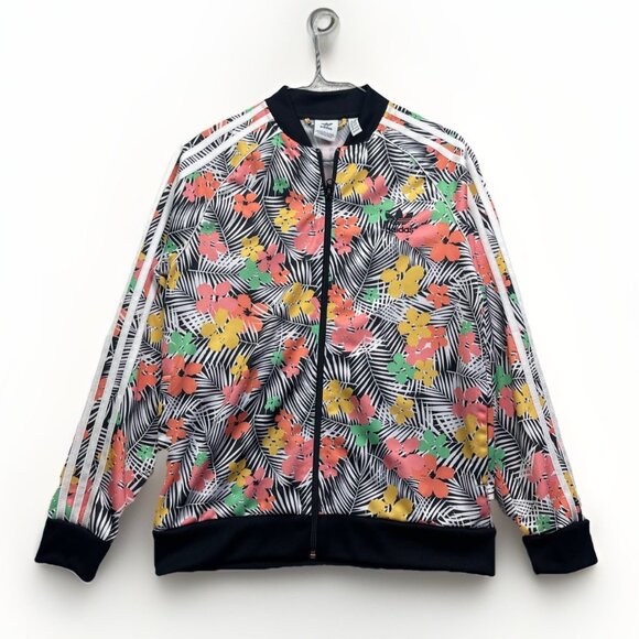 Adidas Track Jacket Girl's Sz L Tropical Floral Palm tree AOP Zip Up Running - Picture 1 of 14